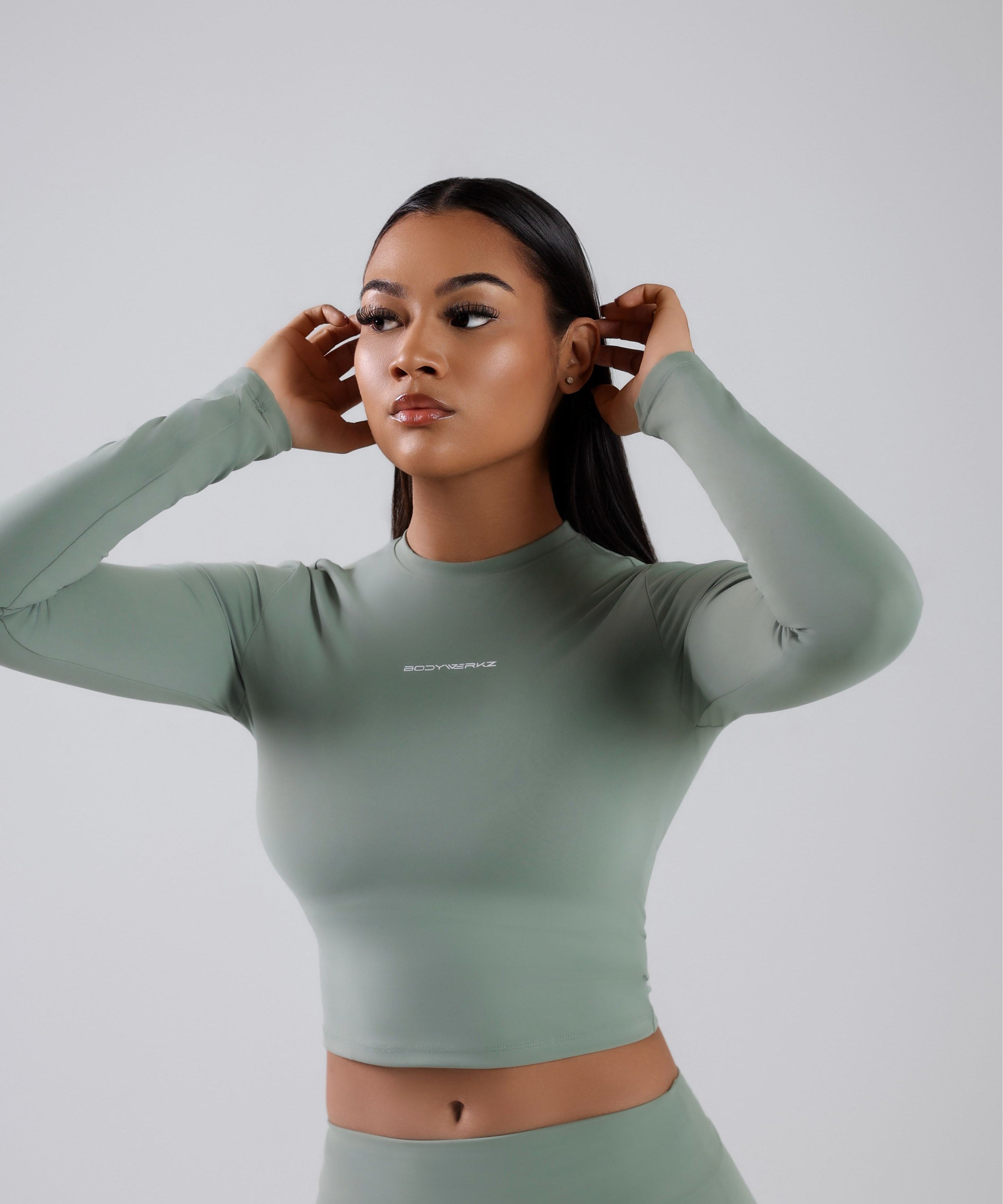 LONG SLEEVE CROPPED TOP bodywerkz S SAGE GREEN 